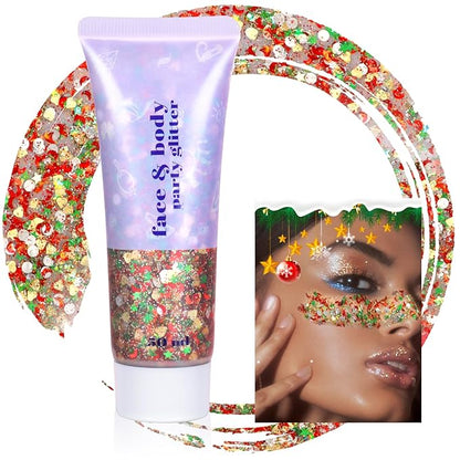 Boko 50ML Body Glitter Gel, Red Green Mardi Gras Chunky Glitter Gel for Face Hair Body Sparkle Makeup, Cosmetic Mermaid Face Glitter Sequins for Mardi Gras Concert Party Event Rave Accessories