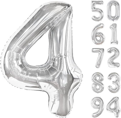 Silver 4 Balloon, Number Balloons 40 Inch, 4th Silver Party Decorations, Four Large Numbers for Party Decor, Number 4 Balloon