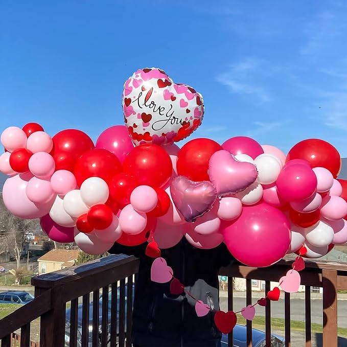 Lukiituke Valentines Balloon Arch Kit,134Pcs 4 Size Red and Pink Balloons with Foil Heart Shape Balloons for Valentine's Day Birthday Wedding Party Decorations