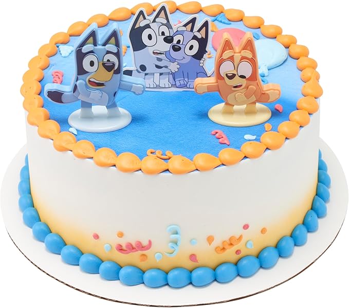DecoSet® Bluey Dance Mode Cake Toppers, 3 Piece Cake Decoration With Bluey And Bingo Figurines and Muffin & Socks Poly Pic, For Birthday, Parties, Celebration