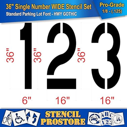 Pavement Stencils - 36 inch Number Stencil (Wide) Set (12 Pieces) -0-9 - 36" x 16" x 1/8" (128 mil) - Pro-Grade