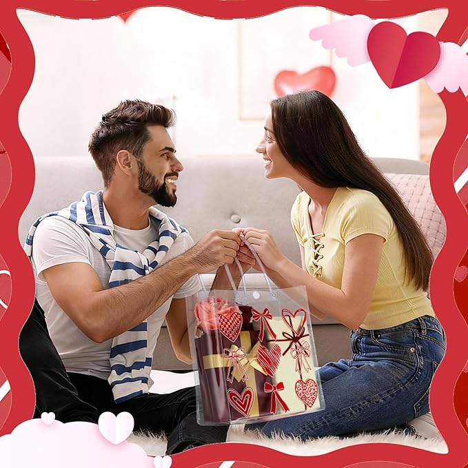 Aliceset 24 Pcs Valentine's Day Gift Bags with Handle Clear PVC Candy Treat Goodies Tote Bags Heart Checkerboard for Valentine's Day Birthday Party Favor Supplies