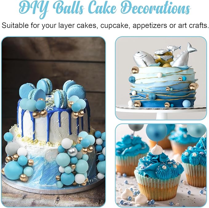 115 PCS Ball Cake Toppers - Mini Balloon Cake Decorations Foam Ball Cupcake Picks DIY cake Insert Toppers for Birthday Party Wedding Baby Shower - Blue Theme