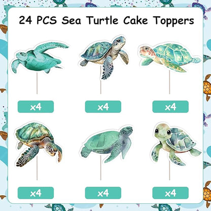 Turtle Birthday Decorations 24pcs Sea Turtle Theme Cake Toppers for Boys Ocean Animals 1st 2nd 3rd Birthday Decors Under the Sea Cake Decorations Underwater Baby Shower Gender Reveal Party Supplies