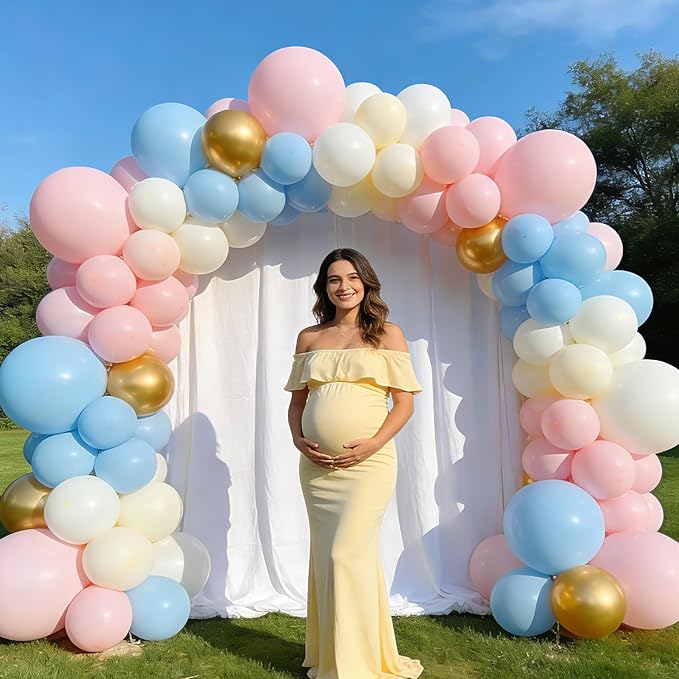 Gender Reveal Balloon Arch Kit -129pcs Dusty Pink and Blue Balloons Chrome Gold Sand White Confetti Latex Balloons for Boho Bachelorette Birthday Wedding Bear Theme Party Decorations
