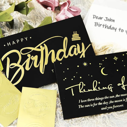 Happy Birthday Wrapping Paper for Man Women,6 Sheets Black Gold Birthday Love Heart Gift Wrapping Paper with 2 Greeting Cards for Girl Boy Wedding Graduation Christmas Gift Wrap Paper,28*20 Inch