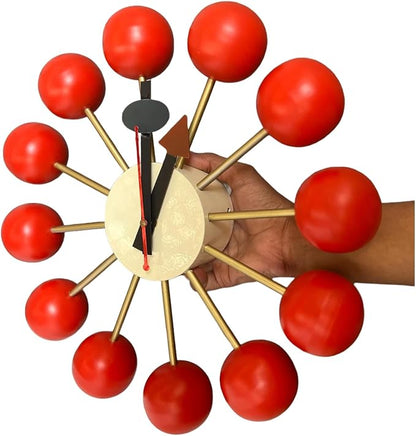 Mid Century Modern Ball Clock – George Nelson Style Wooden Wall Clock, Retro Starburst Design, Silent Non-Ticking Decorative Wall Decor for Living Room, Office, Kitchen & Home (Red, 18 Inch)