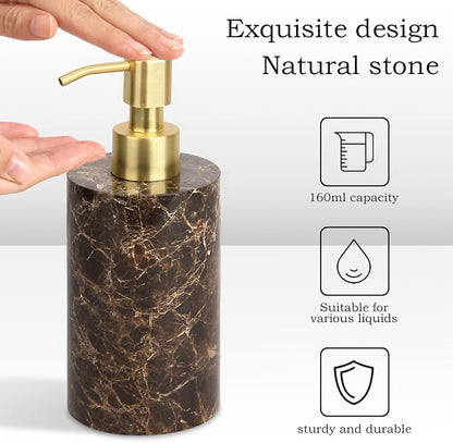 Natural Marble Soap Dispenser for Bathroom and Kitchen Countertop - 5.41 Ounces Hand Lotion and Liquid Stone Shampoo Laundry Bottle with Pump (1, Dark Brown, Cylindrical Bottle)