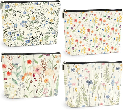 4 Pcs Watercolor Wildflower Makeup Bag, Botanical Cosmetic Bags Plant Lover Friendship Gifts for Women Sister Bestie Mom Friend Thanksgiving Christmas Birthday Gifts Travel Toiletry Bag Accessories