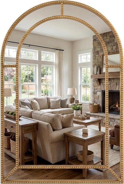 Tangkula 35" x 23" Gold Arched Wall Mirror, Decorative Mirror with Beaded Frame for Living Room, Entryway, Fireplace, Bedroom, Modern Vintage Wall Decoration (Arched)