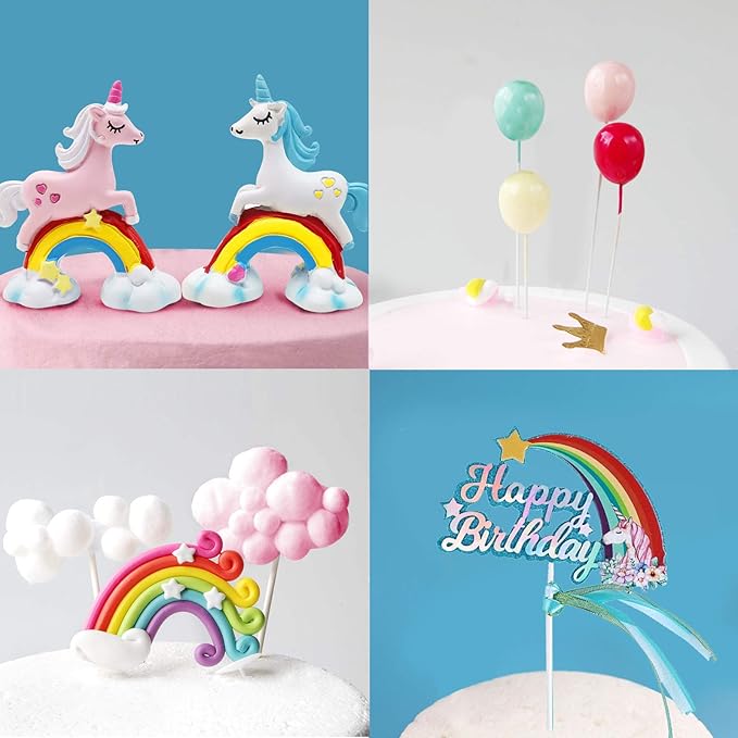 MOVINPE Unicorn Cake Topper, 2 Magic Unicorns Sculpture, 1 Rainbow, 1 Happy Birthday Banner, 2 Cloud, 4 Balloon, 12 Stars, 1 Moon, Cake Decoration For Girl Kid Women Birthday Party