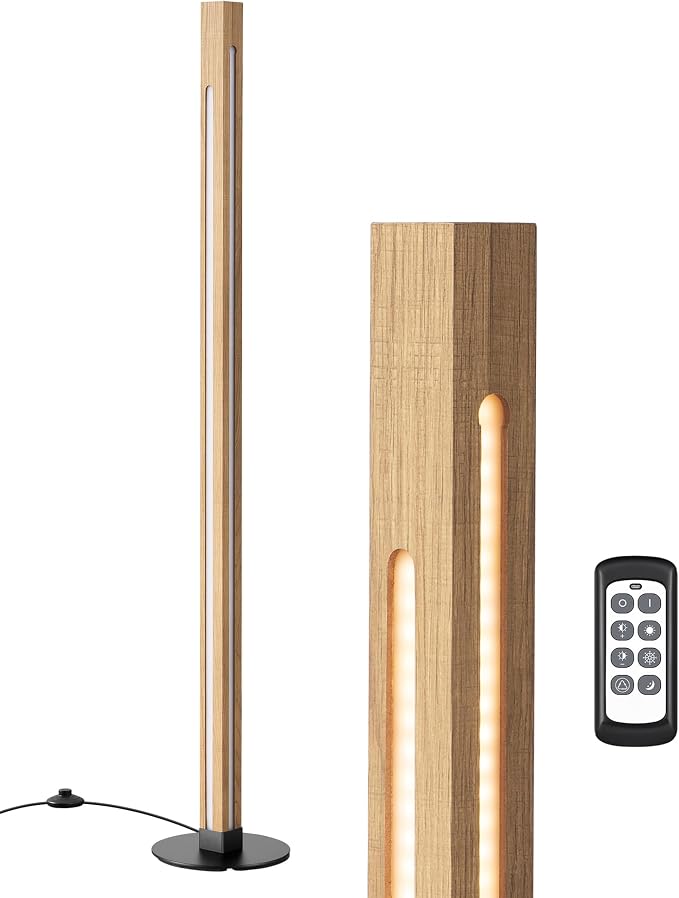EDISHINE Corner Floor Lamp, Upgraded Dual-Sided Lighting, Wooden Floor Lamps for Living Room, Standing Lamp with Remote/Foot Control, 7CCT & Dimmable Floor Lamp for Bedroom, Office, Natural Wood