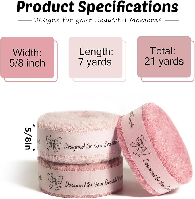Pink Cotton Ribbon 5/8 Inch Pink, Baby Pink & Dusty Rose 3 Rolls 21 Yards Frayed Edge Fabric Set for Wedding Invitations, Bridal Shower, Baby Shower Decor, Bouquet Wrap & Gift Wrapping