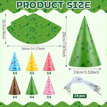 24pcs Pixel Video Game Mining Party Hats Pixelated Theme Headband Birthday Supplies Pixel Game Themed Miner Cone Hat Colorful Pixelated Paper Hats for Shower Photo Prop Gamer Party Favor