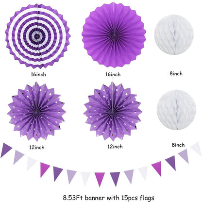Lavender-Purple White Graduation Party Decorations - 20pcs Paper Lanterns Fans,Tissue Pom Poms,Honeycomb Balls,Birthday Wedding Bridal Baby Shower Engagement Bachelorette Decor Burgleda