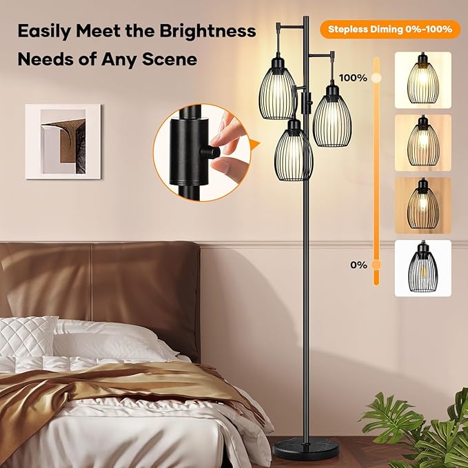 Dimmable Floor Lamp,3x800LM LED Bulbs Included, Farmhouse Industrial Floor Lamp Standing Tree Lamp with Teardrop Cage Head Tall Lamp for Living Room Bedroom Office Dining Room - Black & Marble Base