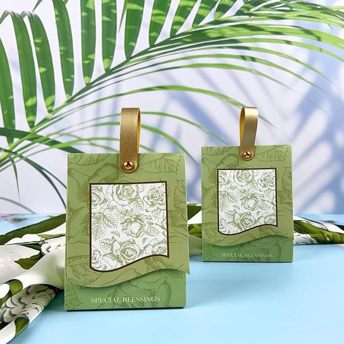 20PCS Rose Goodie Bags, Mini Gift Bags with PU Handle for Party Favors Treat Boxes Wedding Bridal Baby Shower Birthday Party Presents 3.9"x2.6"x1.4"(Light Green)