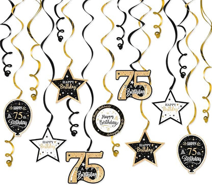 Happy 75th Birthday Black & Gold Glitter Swirls Streamers Party Decorations - 15 Pcs 75th Birthday Hanging Swirls Streamers Kit,Perfect for 75th Bday Party Sign.