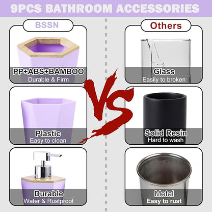 Bathroom Accessories Set, 9 Pieces Bamboo Bathroom Set with Trash Can, Tray, Soap Dispenser, Soap Dish, Toothbrush Holder, Toothbrush Cup, Toilet Brush and Qtip Holders
