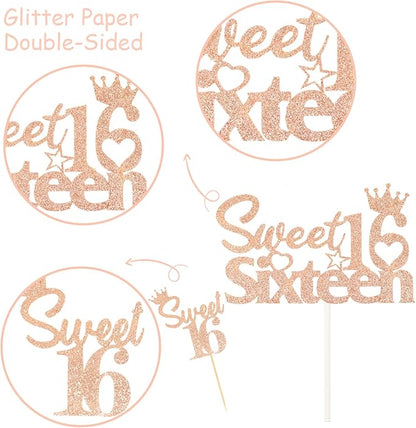 25 Pack 16th Birthday Cake Decorations, Sweet 16 Sixteen Cake Topper, Happy Birthday Sweet 16 Cupcake Toppers Rose Gold for Boys Girls Happy 16th Birthday Party Supplies…