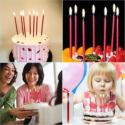 12 Count Long Thin Red Birthday Cake Candles in Holders for Birthday Wedding Party Cupcake Decorations Tall Candle