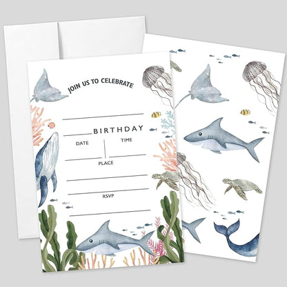 AEHIE 20 Sets Under the Sea Birthday Party Invitations With Envelopes, Sea Creatures Whale Turtle Shark Jellyfish Double-sided Printed Birthday Party Invite Cards for Kids & Adults