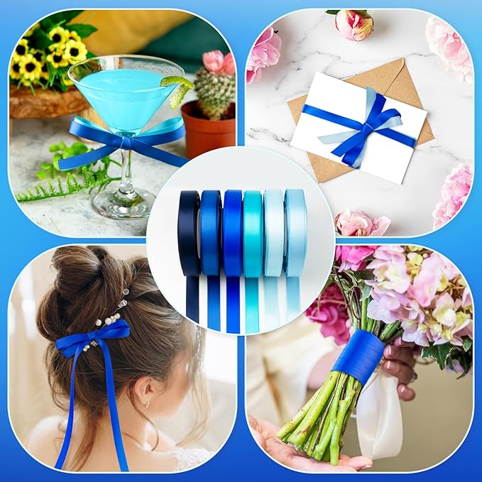 Blue Satin Ribbon 3/8 Inch 60Yds Navy Blue Royal Blue Light Blue Ribbon Assorted Solid Color Thin Double Faced Satin Ribbon for Flower Bouquet Wedding Invitation Crafts Gift Wrapping Hair Bows