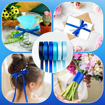 Blue Satin Ribbon 3/8 Inch 60Yds Navy Blue Royal Blue Light Blue Ribbon Assorted Solid Color Thin Double Faced Satin Ribbon for Flower Bouquet Wedding Invitation Crafts Gift Wrapping Hair Bows