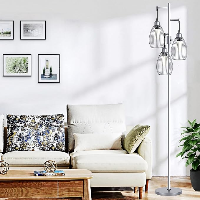 Nintiue Dimmable Floor Lamp, 3 x 800LM LED Edison Bulbs Included, Industrial Floor Lamp Standing Tree Lamp with Elegant Teardrop Cage Heads Tall Lamps for Living Room Bedroom-Grey
