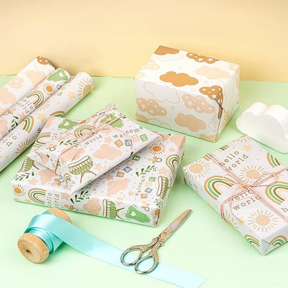 LeZakaa Baby Shower Wrapping Paper Roll, Baby Suit Rainbow Sun Sweet Clouds in Khaki, for Baby Boys Girls, 1st Birthday, Newborn Party, Mini Roll with Cut Lines, 17 x 120 inches, 3 Rolls
