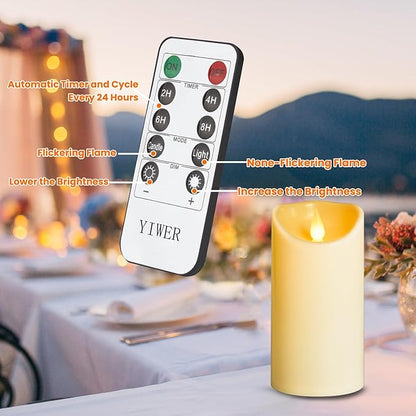 YIWER Plastic Flameless LED Candles,9PCS Battery Operated Candle with Remote Fake Electronic Flickering Light Large Pillar D3”H4”(10.2) 5”6”Durable Use