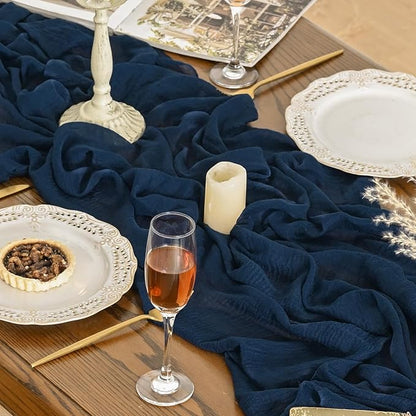 Artoid Mode Boho Cheesecloth Gauze Navy Blue Wedding Table Runner, 120 Inch Seasonal Fabric Kitchen Dining Holiday Table Decor for Home Party Indoor