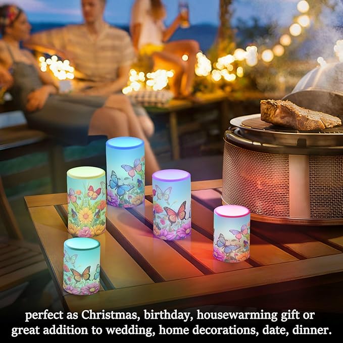 ALAZA Spring Color Butterflies Flowers Flickering Flameless Candles Battery Operated with Remote Timer,Tea Light Candles LED Pillar Votive Candles Set of 2 for Outdoor Indoor Decorations