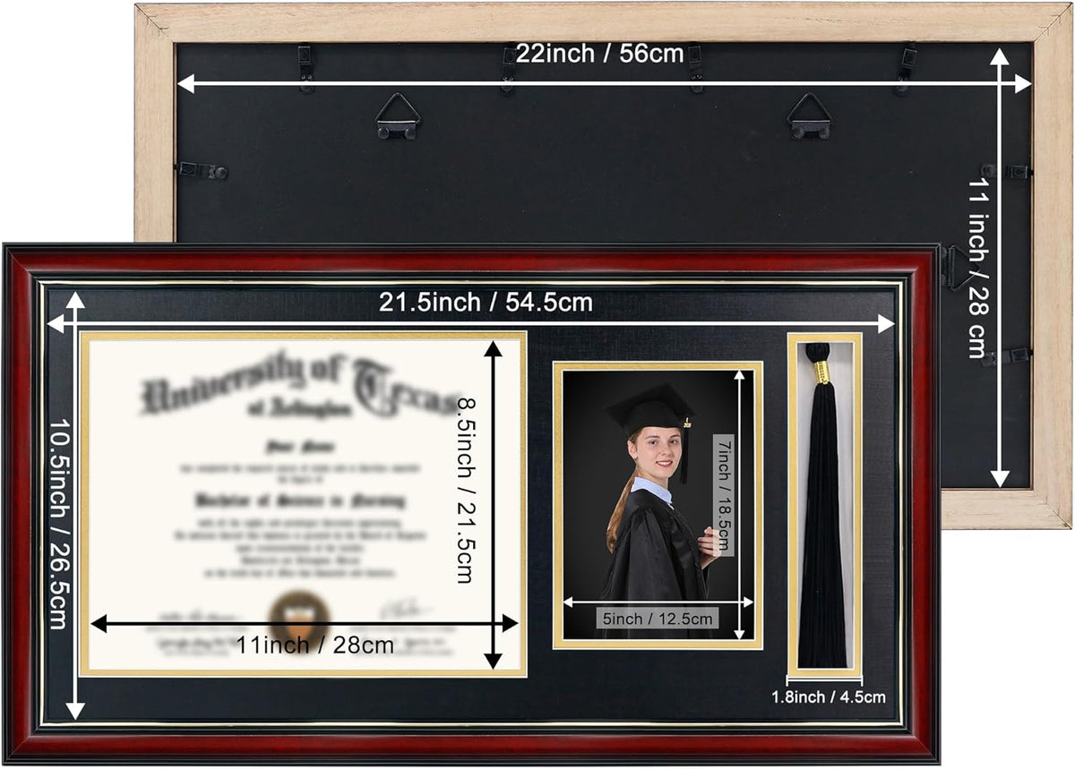 GraduationMall 11x22 Cherry Diploma Frame with Tassel Holder and Picture for 8.5x11 Certificate 5x7 Photo,Tempered Glass,Black over Gold Mat