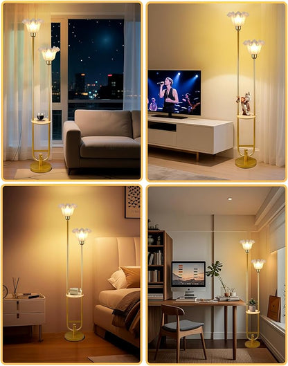 Dimmable Flower Floor Lamps with Table, 2-Lights Dimmable Floral Floor Lamp, 3000K Warmwhite Modern Floor Lamp, Vintage Gold Standing Lamp with 5Lbs Heavy Base for Living Room Bedroom