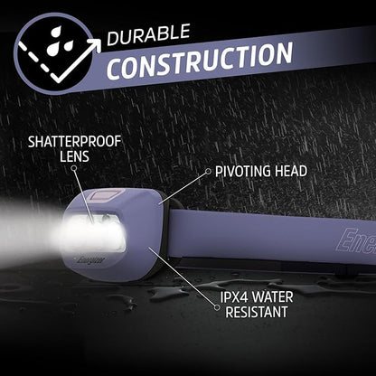 Energizer HDL30 Purple Multi-Colored LED Headlamp, 400 Lumen, IPX4 Water Resistant, Adjustable Headlamp with Red and Green LED Mode, Great Hands-Free Light, Batteries Include