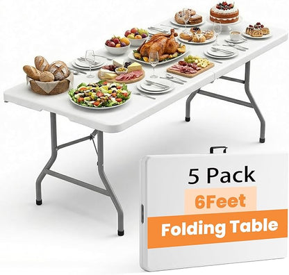 5 Pack Folding Table 6FT Heavy Duty Foldable Table Fold-in-Half Design Portable Collapsible White Plastic Tables for Office, Wedding, Banquet, Commercial Event, Party, Outdoor & Indoor Use