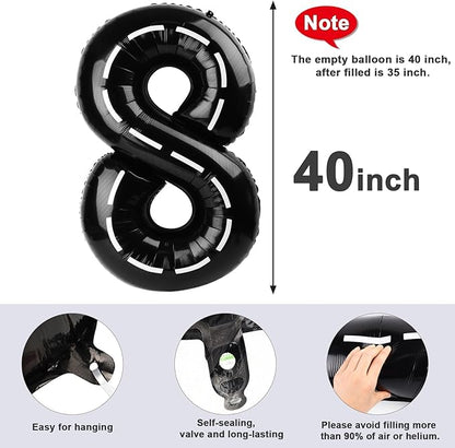 40 Inch Number 8 Balloon, Line Black 8 18 28 80 Birthday Balloons for Men Boys, 8th Birthday Decorations Party Supplies, Wedding, Graduations