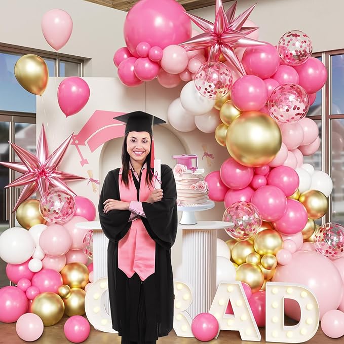 Pink Gold White Balloon Arch Kit Graduation Decorations 2026, 130Pcs Pink Gold Balloons and Foil Star Balloon with Confetti Ribbons Grad Party Decorations for College High School Class of 2026