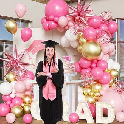 Pink Gold White Balloon Arch Kit Graduation Decorations 2026, 130Pcs Pink Gold Balloons and Foil Star Balloon with Confetti Ribbons Grad Party Decorations for College High School Class of 2026
