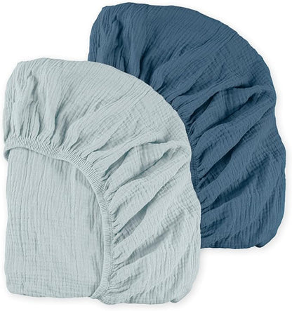Muslin Mini Crib Sheets, 2 Pack for Baby Boy and Girl, Soft Breathable Stretchy Baby Pack N Play Mattress and Mini Cribs Sheet, Universal Fitted Portable/Mini Crib Mattresses (Bright Colors)