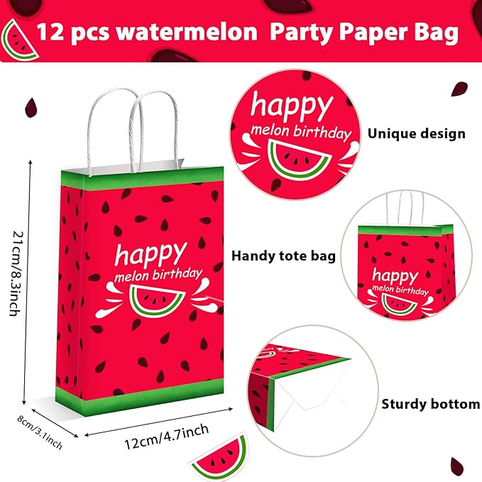 gisgfim 12 Pieces Watermelon Party Favor Bags Melon Birthday Goodie Treat Paper Bags Summer Fruit Theme Party Supplies Decorations for Baby Shower Birthday Gifts