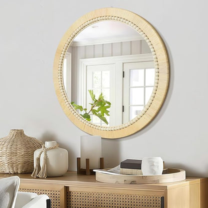 ULIKE Rattan Wicker Mirror for Bathroom, 24 Inch Boho Woven Decorative for Wall, Rustic Farmhouse Vanity Mirror, Round Rattan Mirrors for Living Room Entryway Bathroom Bedroom