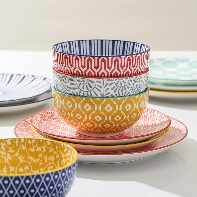 Selamica 30-Pieces Ceramic Dinnerware Sets for 6, Scratch Resistant Plates and Bowls Sets, Microwave and Dishwasher Safe, Assorted Colors A