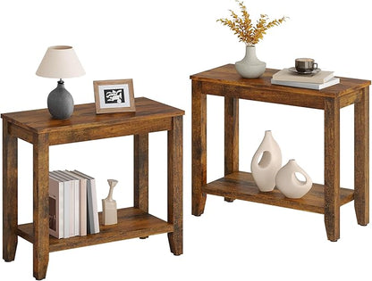 Hoctieon End Table with Double Storage Shelves, Sturdy Wooden Side Table for Living Room, Bedroom, Modern Nightstand Sofa Table for Small Spaces, Rustic Brown, Set of 2