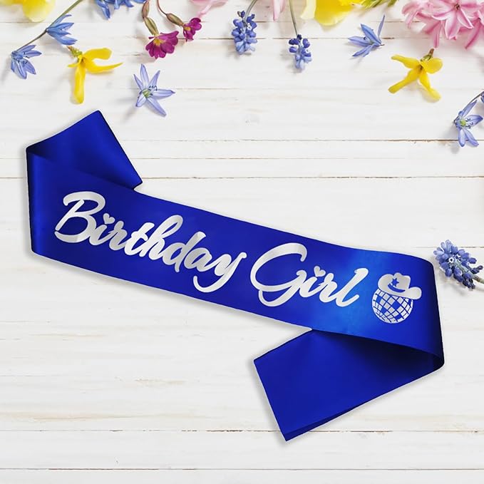 Birthday Girl Sash, Disco Cow Birthday Sash for Cowgirl Funny Birthday Gift Ideas Suppiles, Royal Blue+ Silver Foil