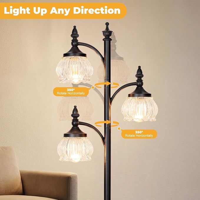 JUNNAI Black Standing Lamps for Living Room 66.5in Floor Lamps with Glass Shade 3 Way Brightness Lights Dimmable Modern Corner Lamp for Bedroom Office(3LED Bulbs Included)