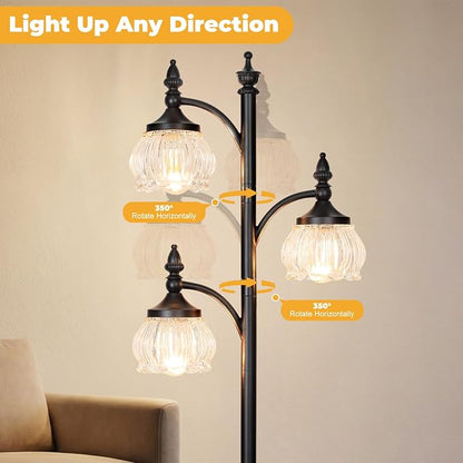 JUNNAI Black Standing Lamps for Living Room 66.5in Floor Lamps with Glass Shade 3 Way Brightness Lights Dimmable Modern Corner Lamp for Bedroom Office(3LED Bulbs Included)