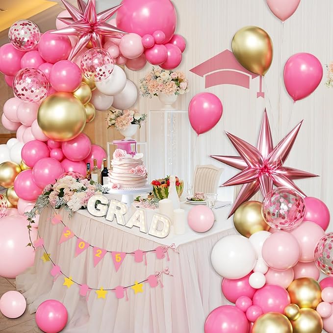 Pink Gold White Balloon Arch Kit Graduation Decorations 2026, 130Pcs Pink Gold Balloons and Foil Star Balloon with Confetti Ribbons Grad Party Decorations for College High School Class of 2026