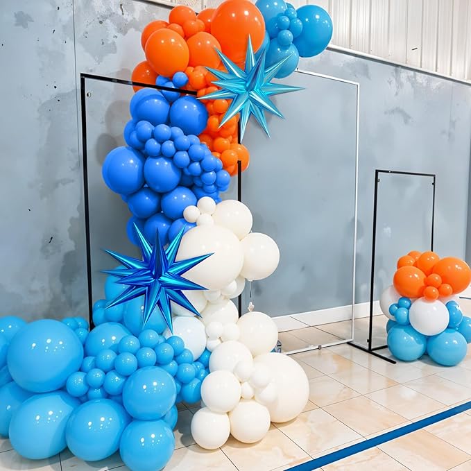 Blue and Orange Balloon Arch Kit, 120 Pcs Light Blue White Orange Balloons Garland Kit with 4D Star Chrome Latex Balloons for Graduation Class of 2025 Thanksgiving Party Decorations